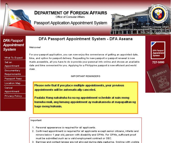 DFA Passport Appointment Homepage
